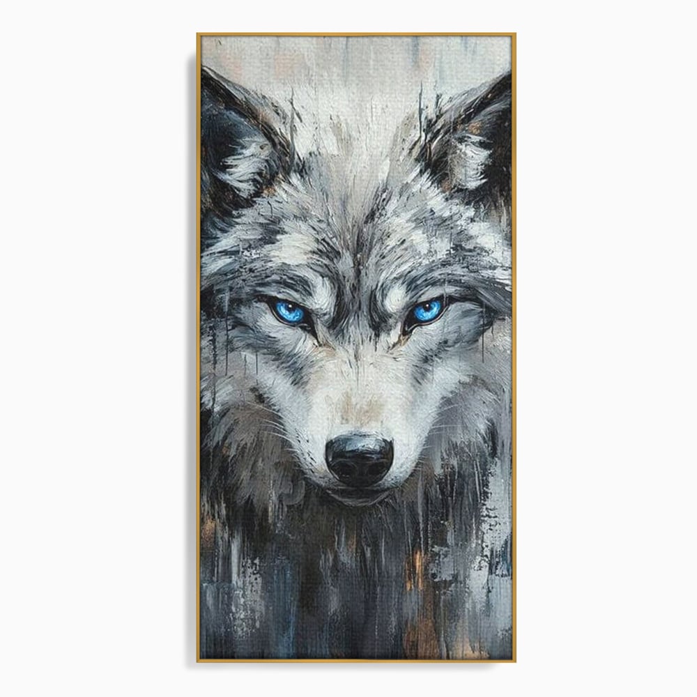 Tablou canvas cu tablou canvas cu portret de lup, in rama de aluminiu auriu